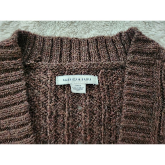 Y2K American Eagle Women's XS Brown V-Neck‎ Cable-Knit Button Front Cardigan - Picture 5 of 7